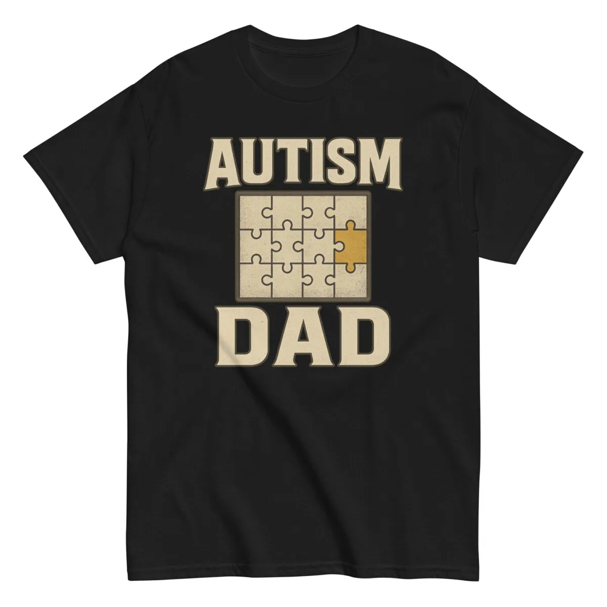 Black shirt with Autism Dad puzzle design.