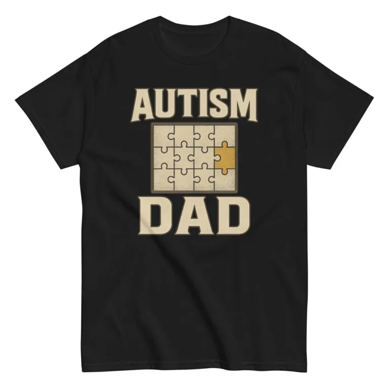 Black shirt with Autism Dad puzzle design.