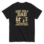 Disc golf dad t-shirt with trees and basket graphic.