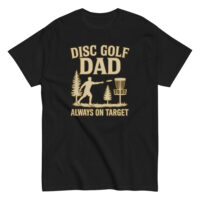 Disc golf dad t-shirt with trees and basket graphic.