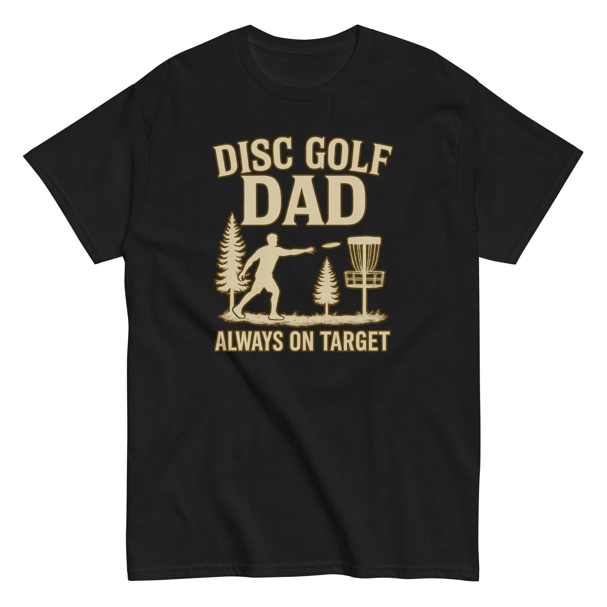 unisex-classic-tee-black-front-68ce44afd8e3e.jpg Disc golf dad t-shirt with trees and basket graphic.