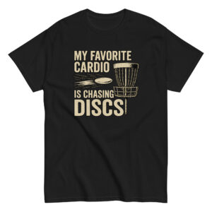 Black shirt with disc golf design and text