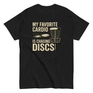 Black shirt with disc golf design and text