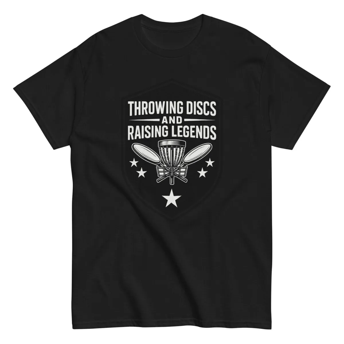 Black t-shirt with disc golf design and text
