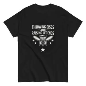 Black t-shirt with disc golf design and text