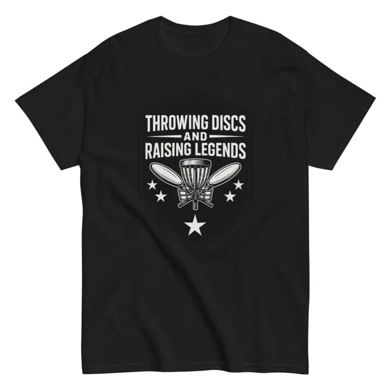 Black t-shirt with disc golf design and text