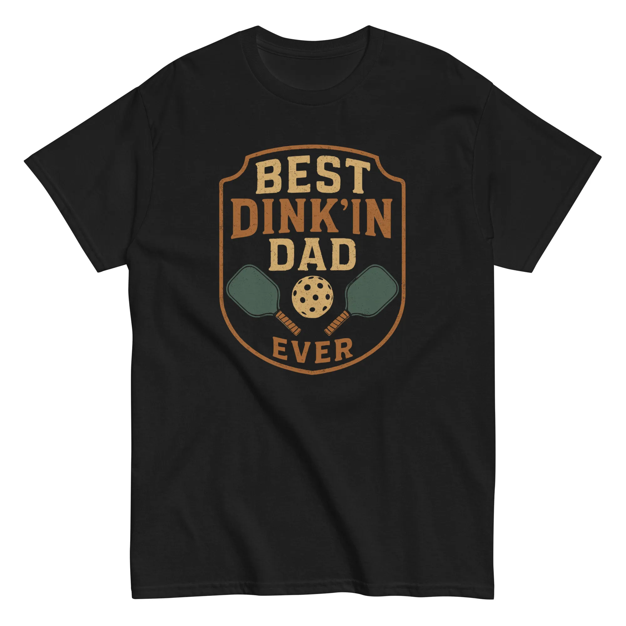 unisex-classic-tee-black-front-68ce4cb1ad8d6.jpg Black shirt with 'Best Dink'in Dad Ever' design.