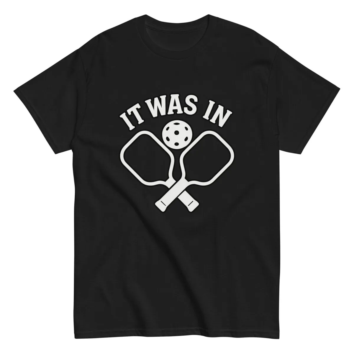 Black shirt with pickleball paddles and text design.