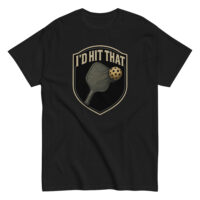 Black T-shirt with pickleball paddle and ball design.