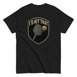 Black T-shirt with pickleball paddle and ball design.