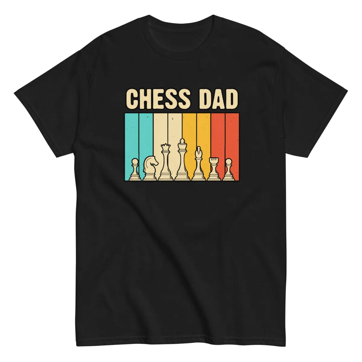 Chess Dad shirt with colorful chess pieces design.