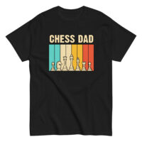 Chess Dad shirt with colorful chess pieces design.