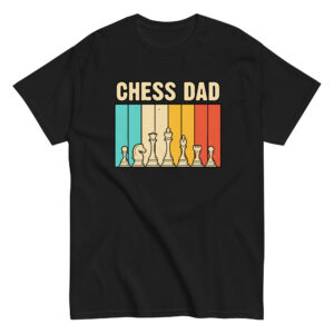 Chess Dad shirt with colorful chess pieces design.