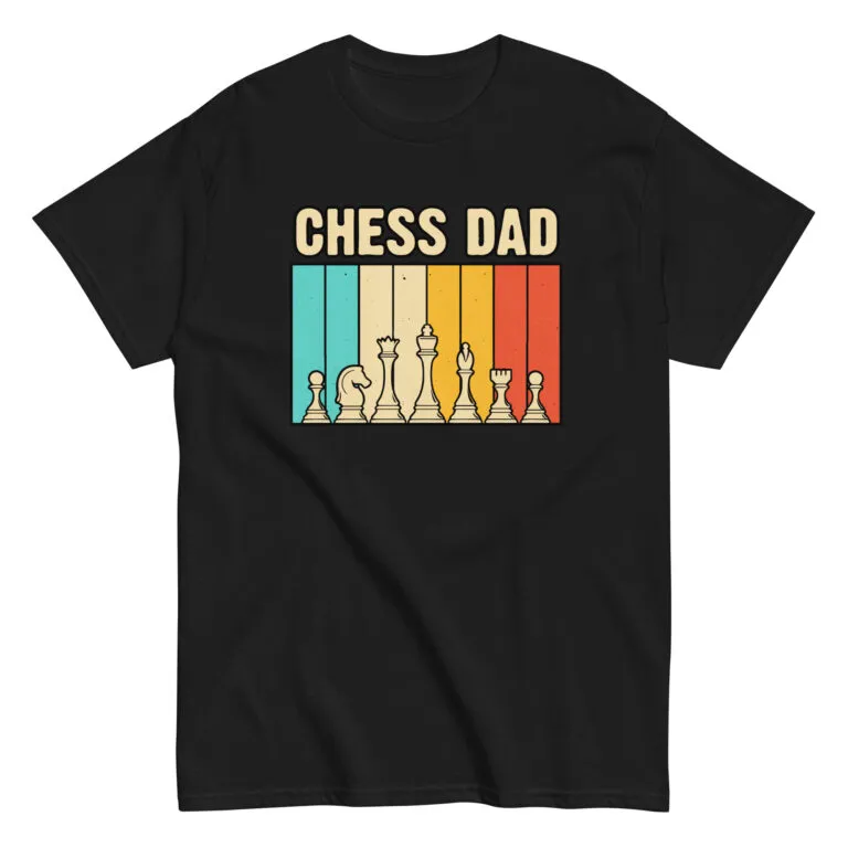 Chess Dad shirt with colorful chess pieces design.