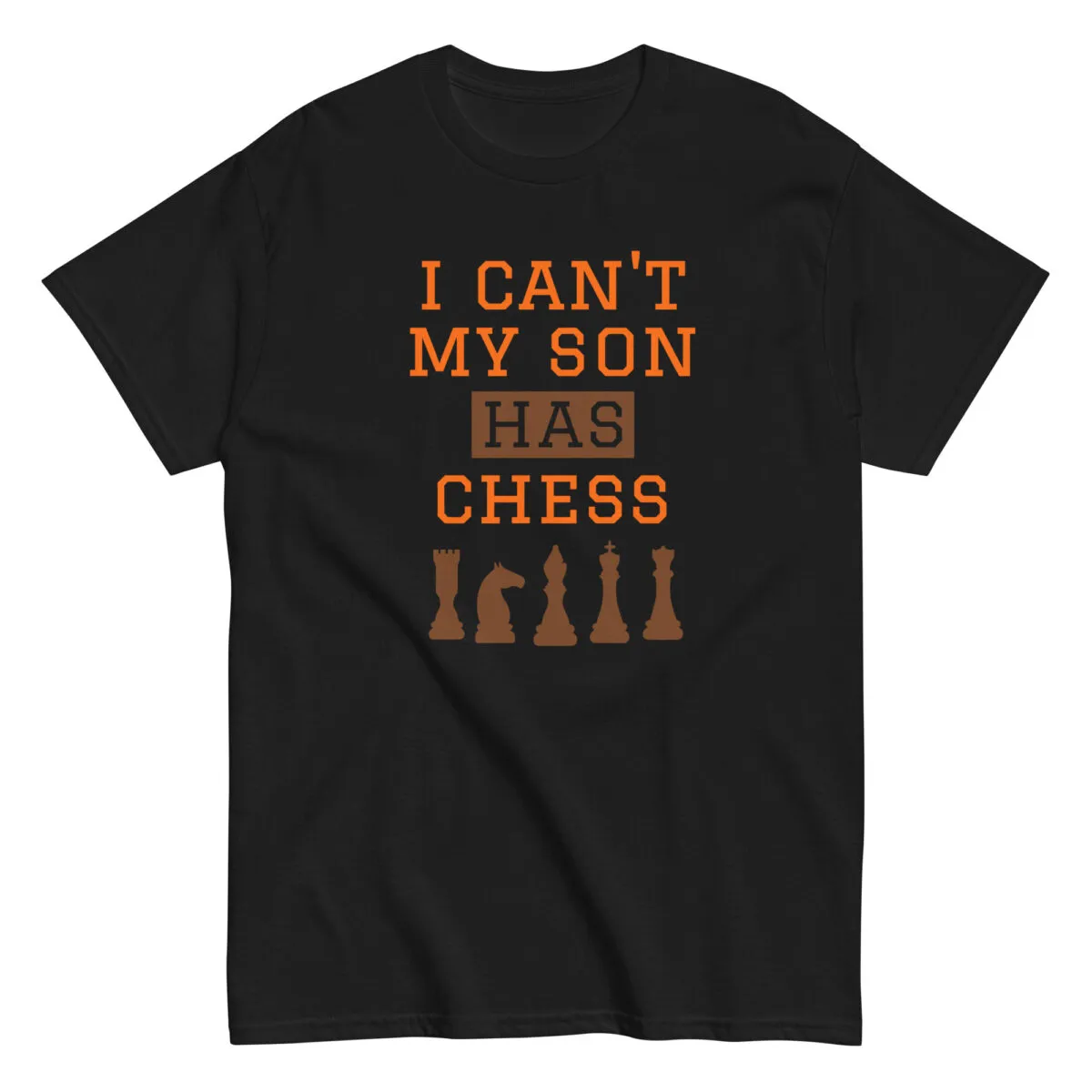 Black T-shirt with chess-themed text design.
