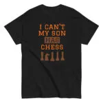 Black T-shirt with chess-themed text design.
