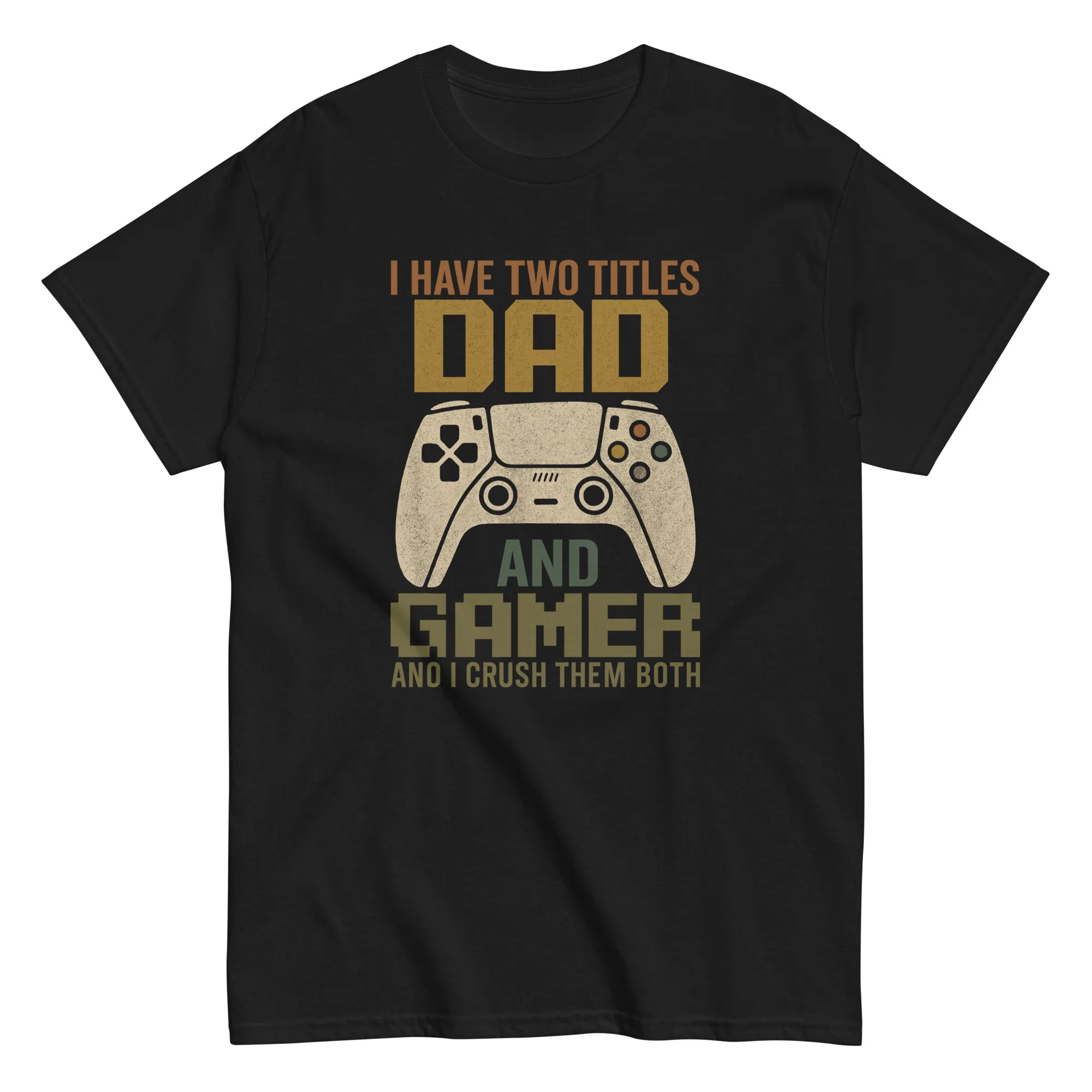 unisex-classic-tee-black-front-68d1211fe7725.jpg Dad gamer shirt with controller graphic.