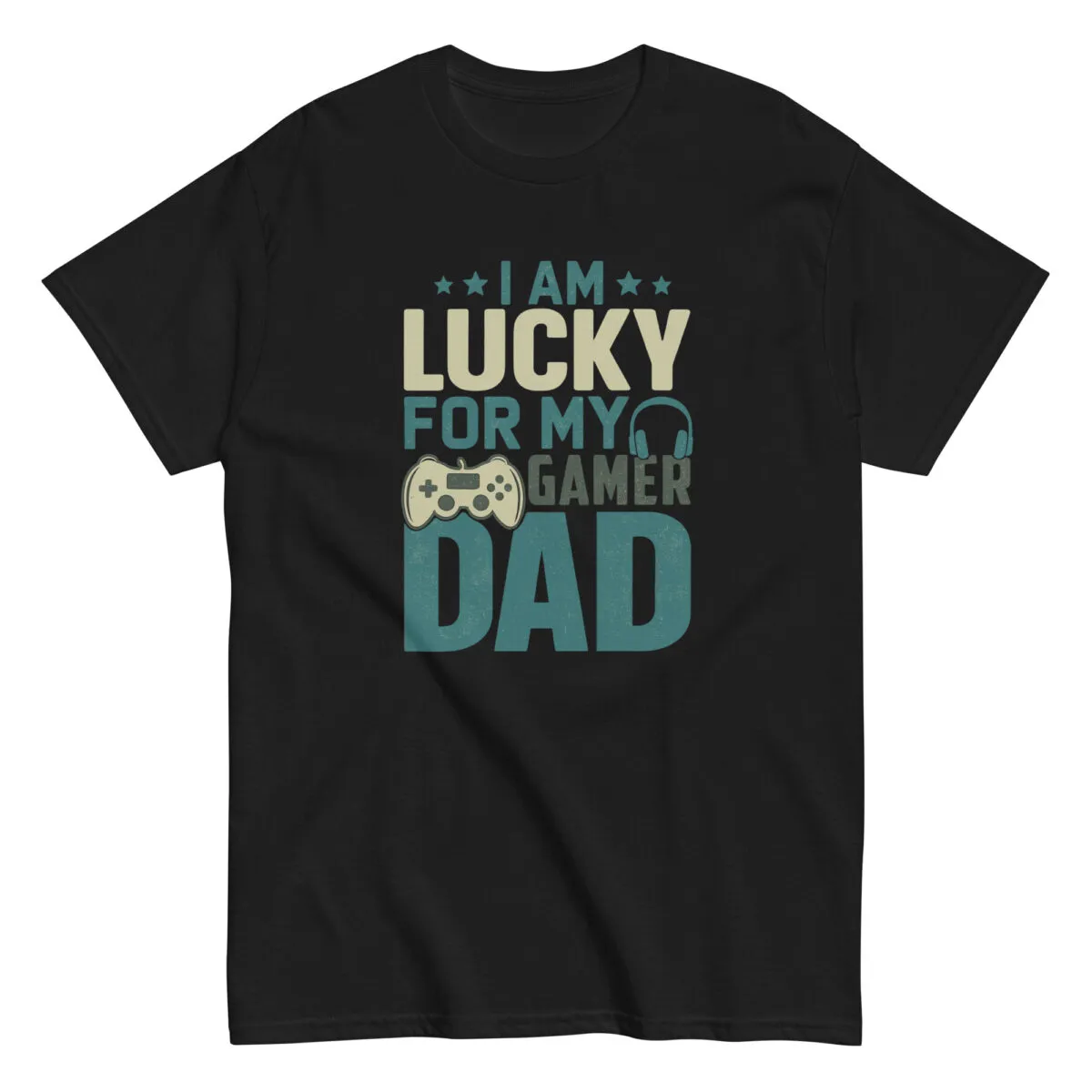 Black t-shirt with 'lucky gamer dad' text.
