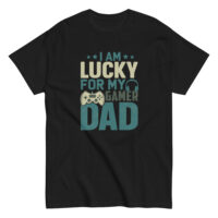 Black t-shirt with 'lucky gamer dad' text.