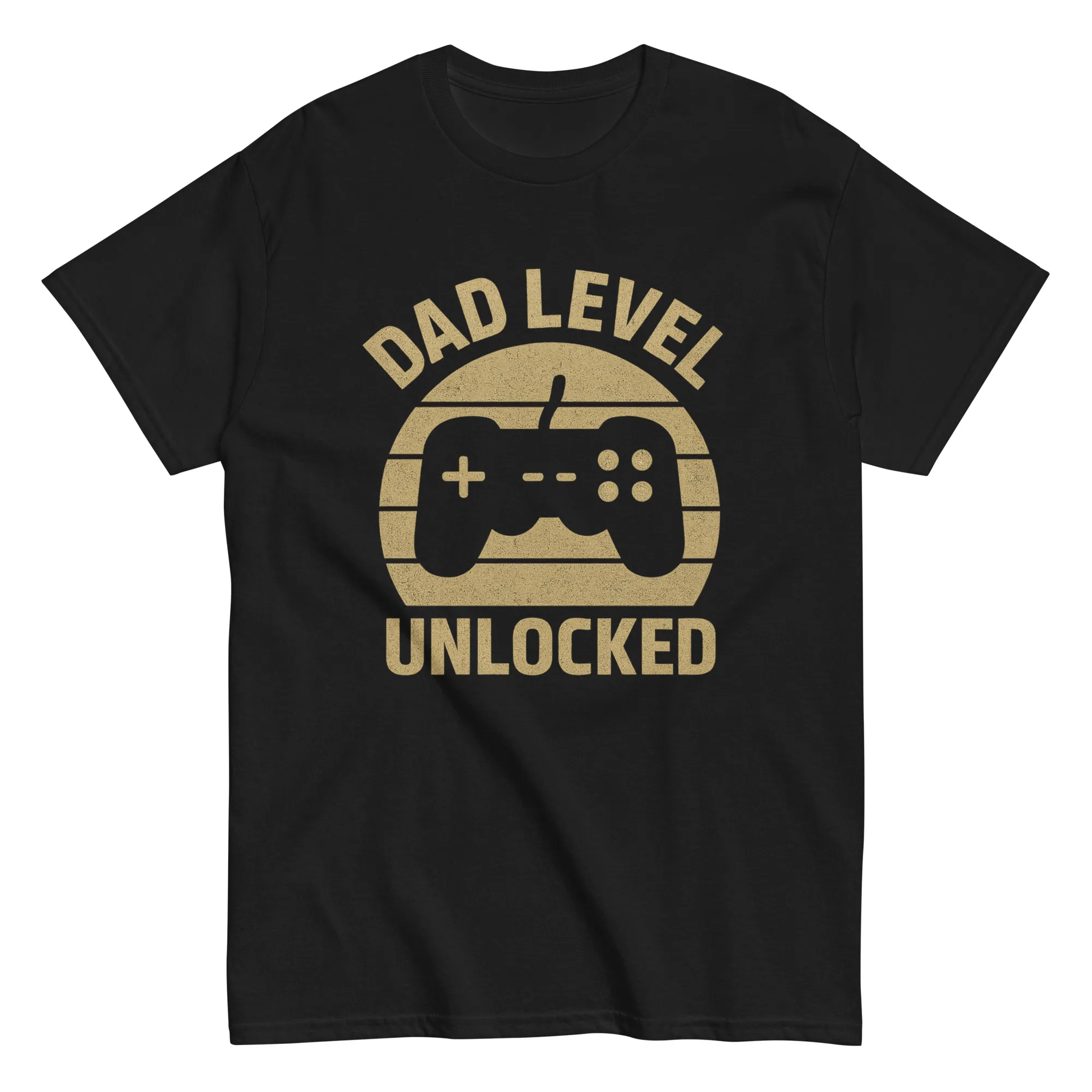 unisex-classic-tee-black-front-68d12402aa77a.jpg Black T-shirt with game controller design.