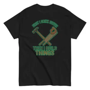 Black T-shirt with coffee and building tools graphic