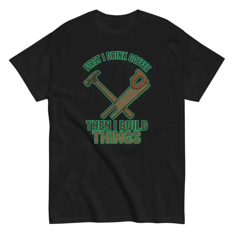 Black T-shirt with coffee and building tools graphic