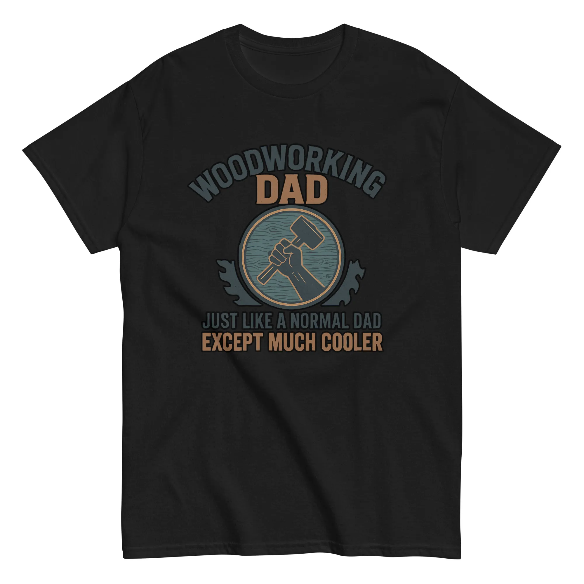 unisex-classic-tee-black-front-68d1f46478da8.jpg Black t-shirt reads: Woodworking Dad, cool design.