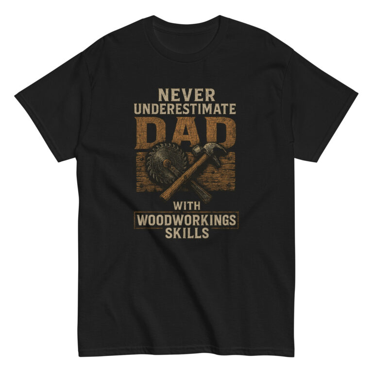 T-shirt with woodworking dad message and tools graphic.