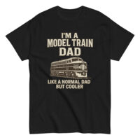 Model train dad shirt, humorous design.