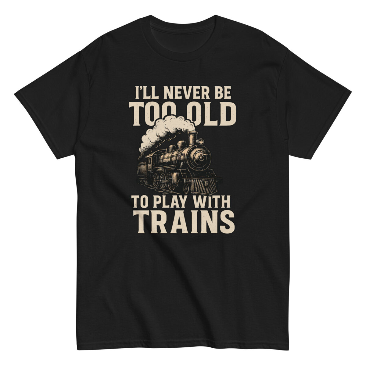 Black T-shirt with train graphic and humorous text.