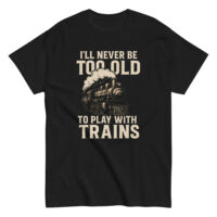 Black T-shirt with train graphic and humorous text.