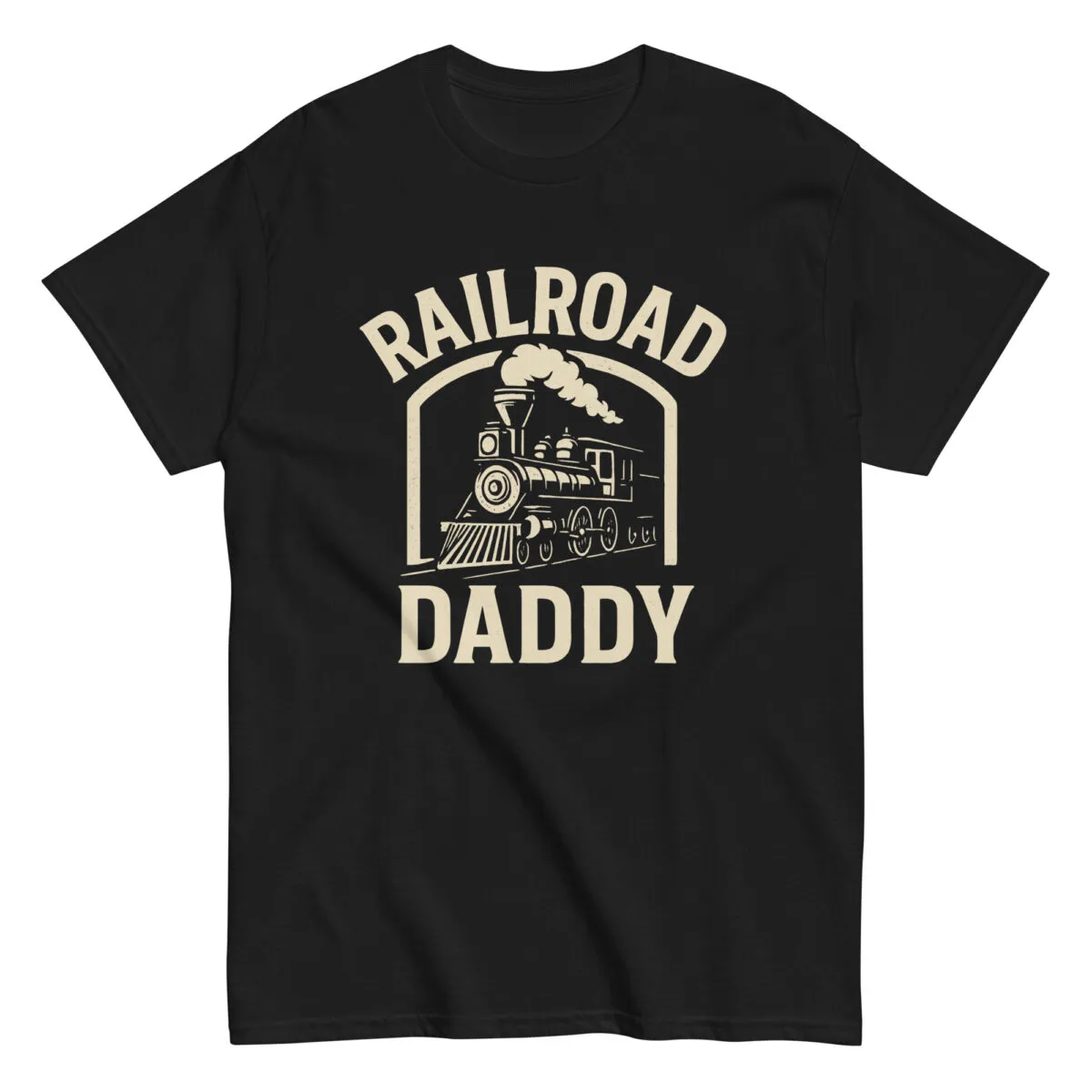 Black T-shirt with Railroad Daddy text and train graphic.