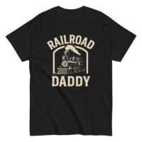Black T-shirt with Railroad Daddy text and train graphic.