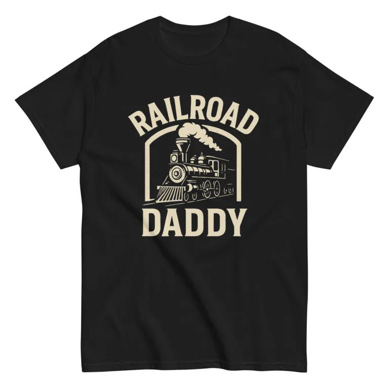 Black T-shirt with Railroad Daddy text and train graphic.