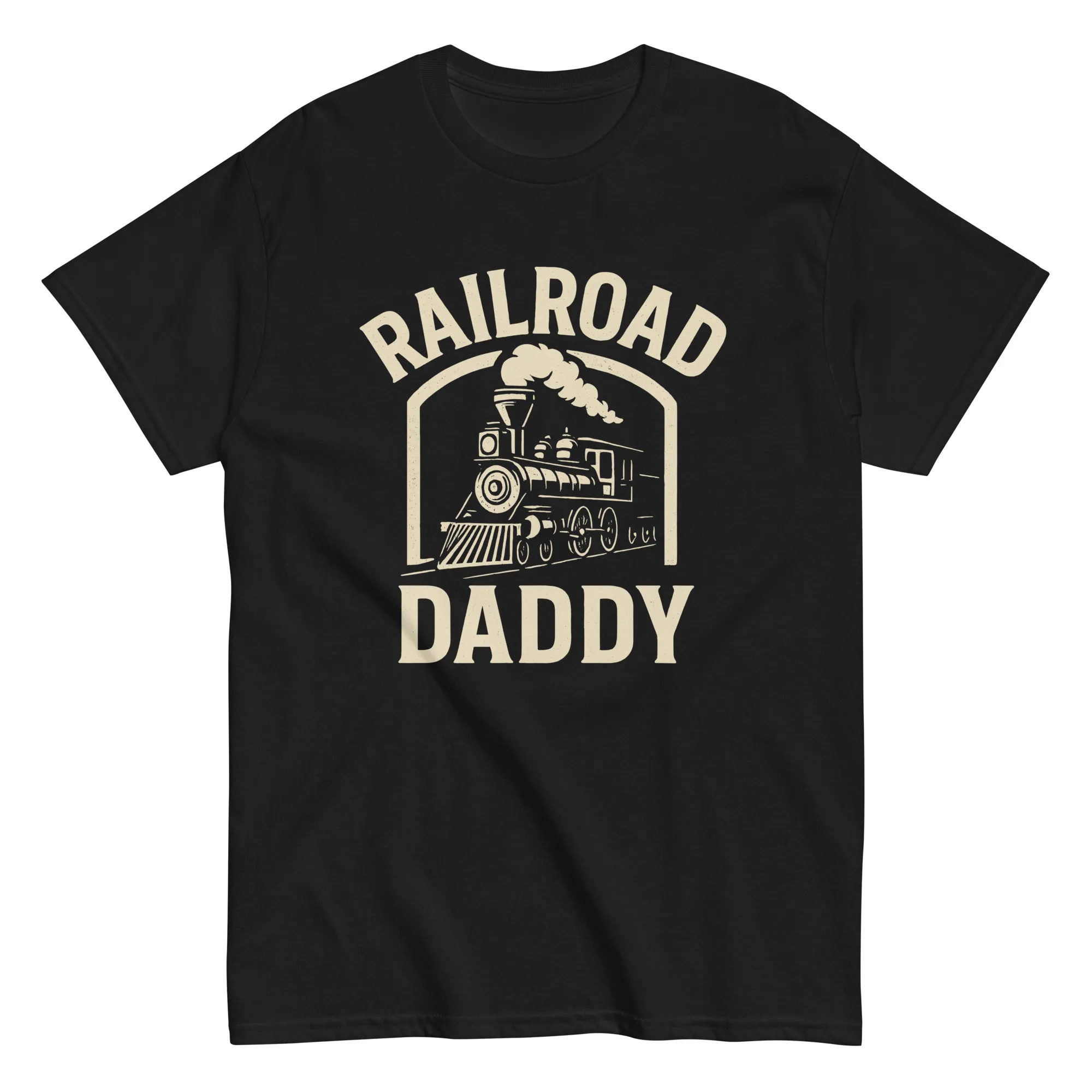 unisex-classic-tee-black-front-68d21132d947f.jpg Black T-shirt with Railroad Daddy text and train graphic.