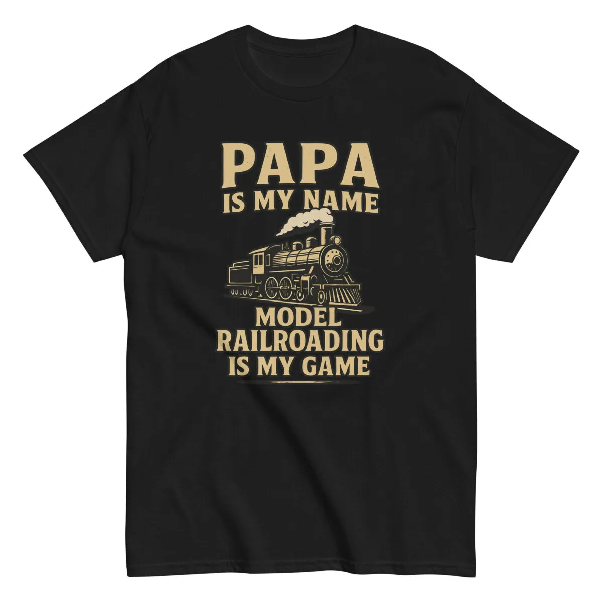 Black T-shirt with model railroading design and text.