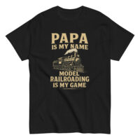 Black T-shirt with model railroading design and text.
