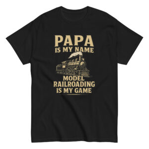 Black T-shirt with model railroading design and text.