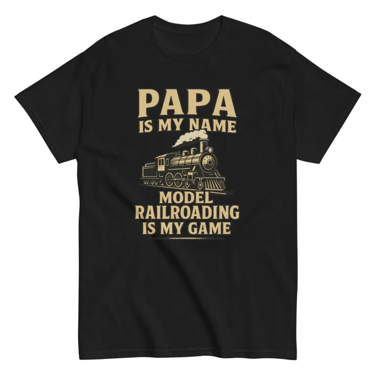 Black T-shirt with model railroading design and text.