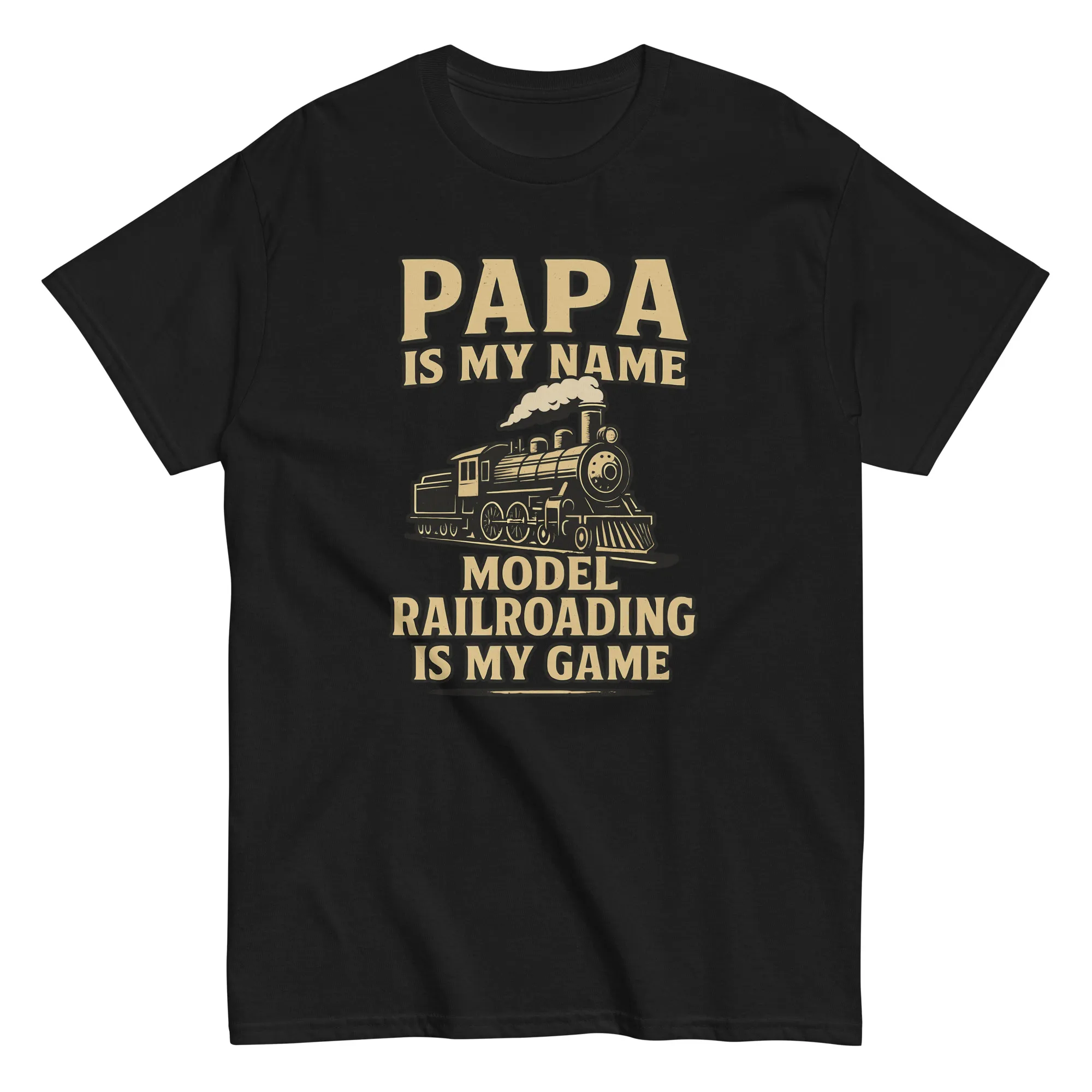 unisex-classic-tee-black-front-68d21268cb9fb.jpg Black T-shirt with model railroading design and text.