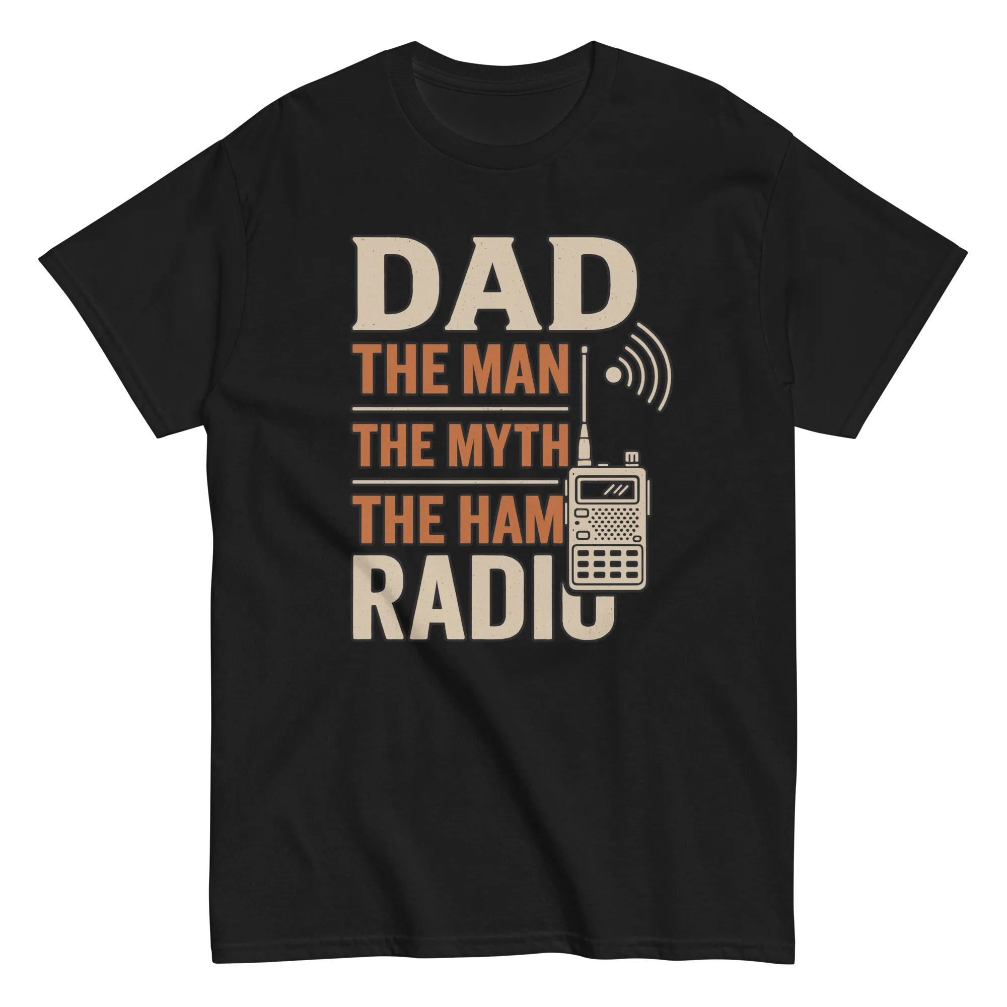 unisex-classic-tee-black-front-68d36e8f6e643.jpg Dad-themed shirt with ham radio design.