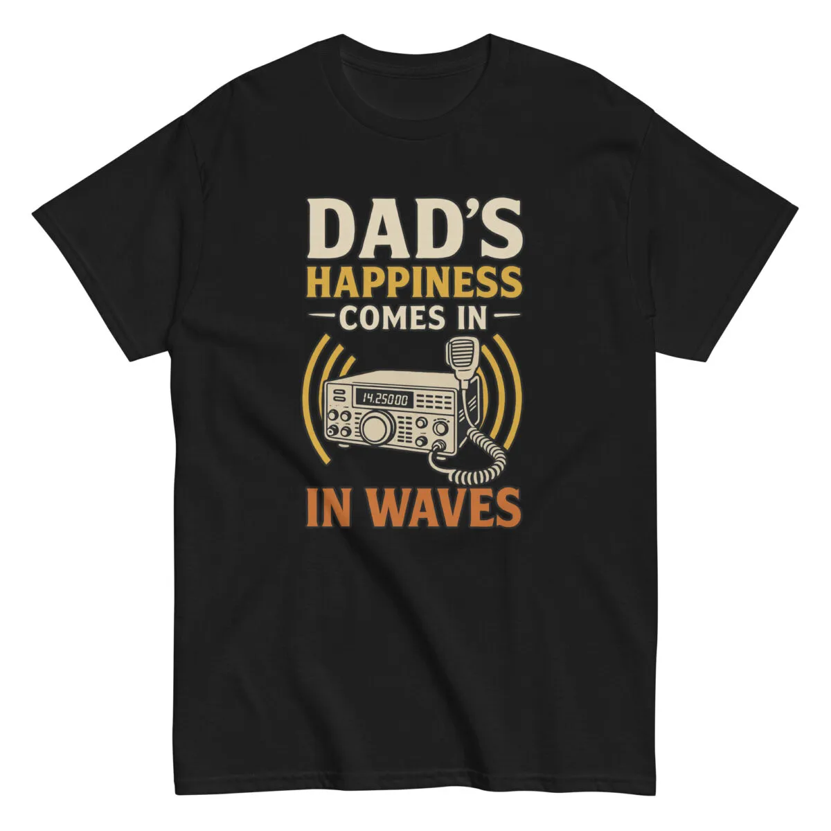 Black t-shirt with radio-themed dad slogan.
