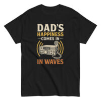 Black t-shirt with radio-themed dad slogan.