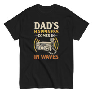 Black t-shirt with radio-themed dad slogan.