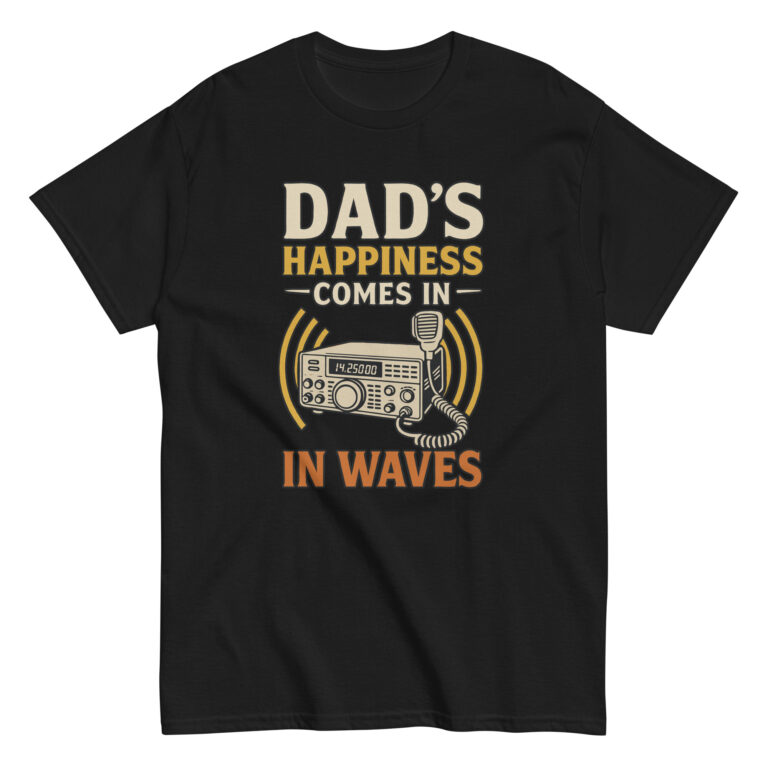 Black t-shirt with radio-themed dad slogan.