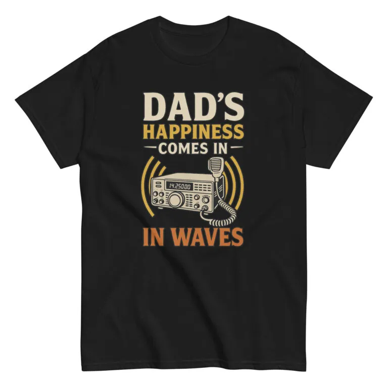 Black t-shirt with radio-themed dad slogan.
