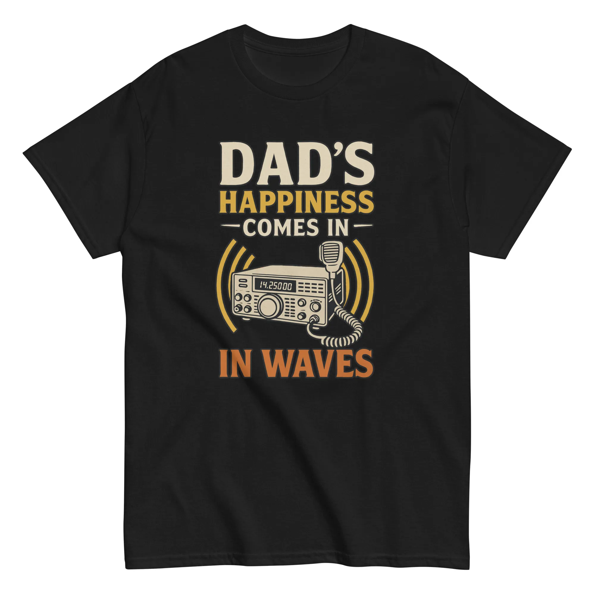 unisex-classic-tee-black-front-68d36fb5526c9.jpg Black t-shirt with radio-themed dad slogan.