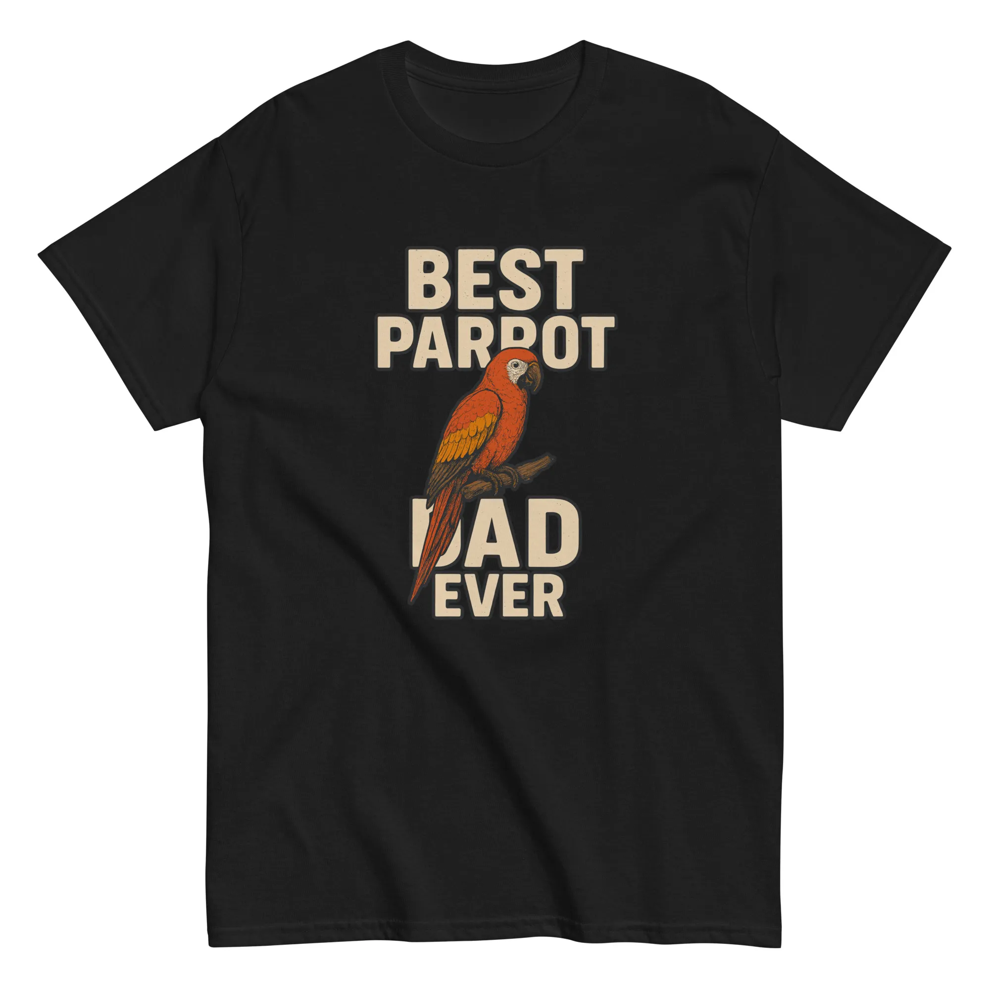 unisex-classic-tee-black-front-68d37aa5f0f86.jpg Black t-shirt with 'Best Parrot Dad Ever' design.