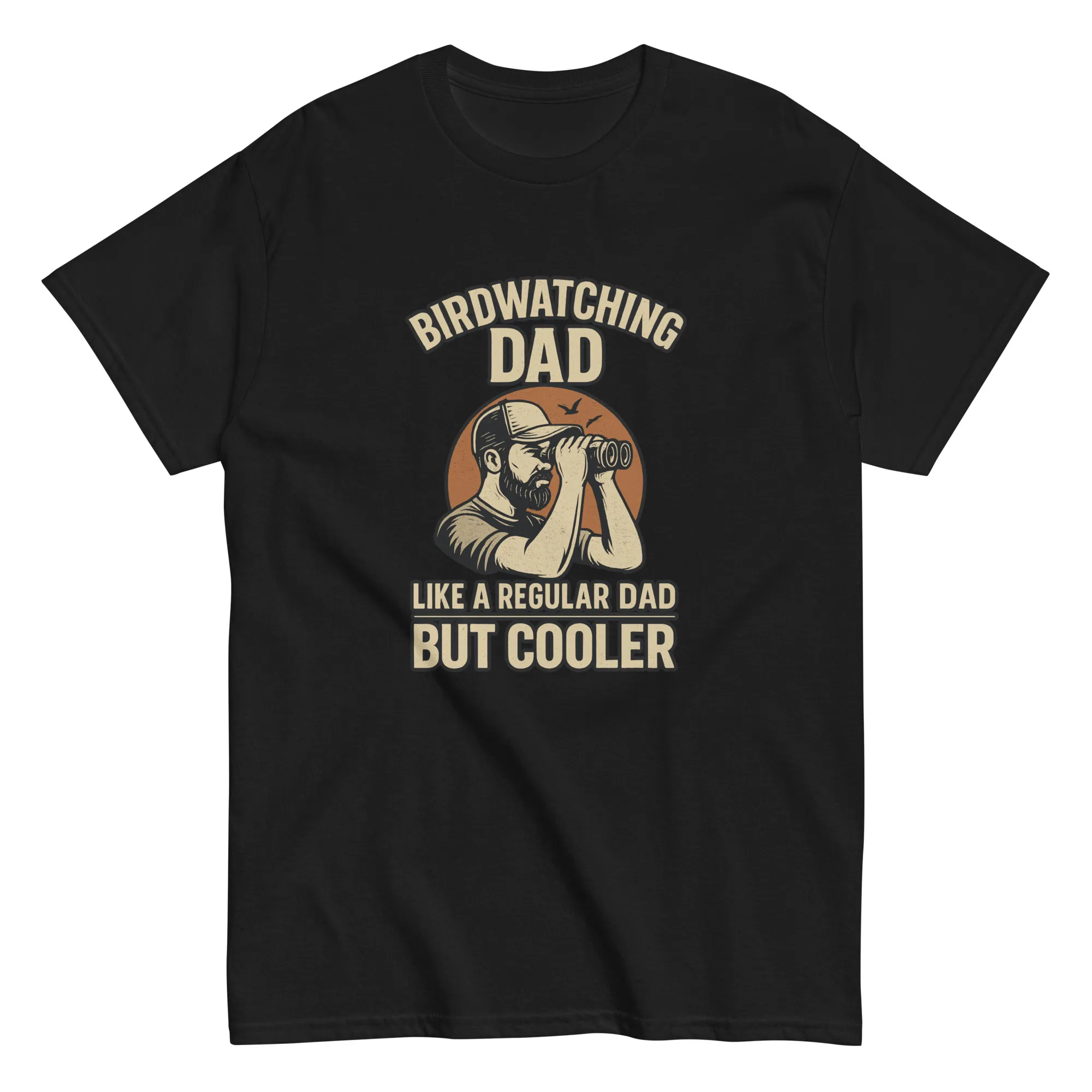 unisex-classic-tee-black-front-68d37d5aa4da8.jpg Birdwatching dad graphic tee, humorous gift for fathers.