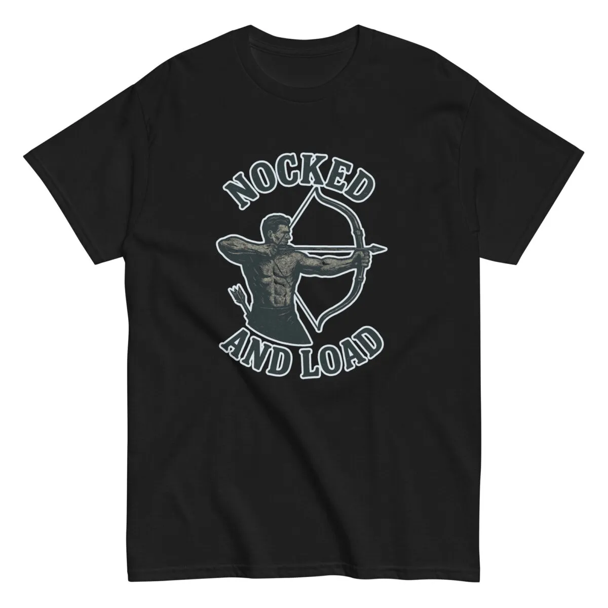 Black shirt with archer graphic and text.